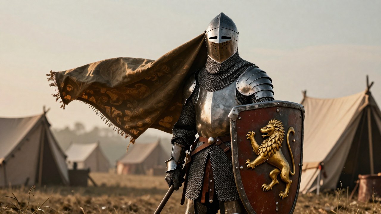 Caballero medieval con escudo de león rampante en un campamento de cruzada.