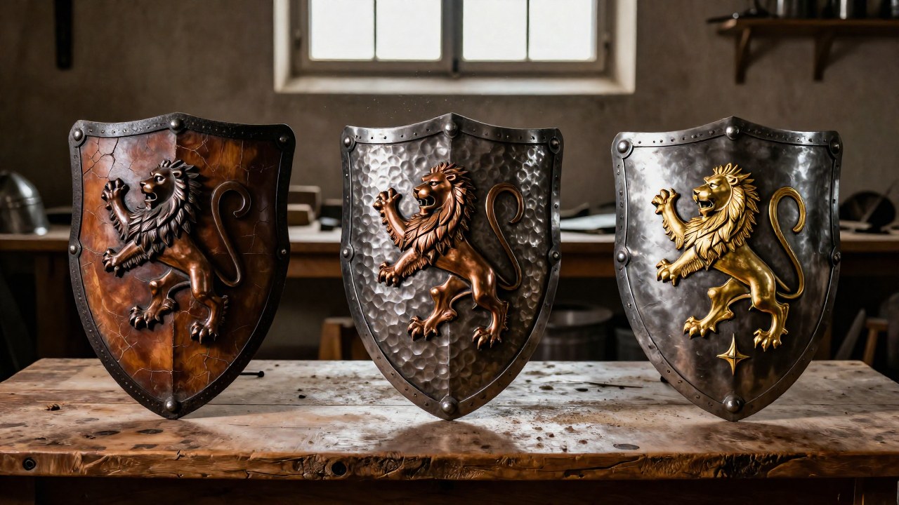 Tres escudos de batalla de madera, hierro y acero dispuestos sobre un banco de trabajo.