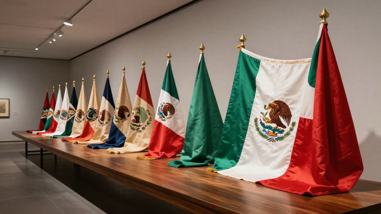 Evolución cronológica de la bandera mexicana desde sus versiones históricas hasta la actual.