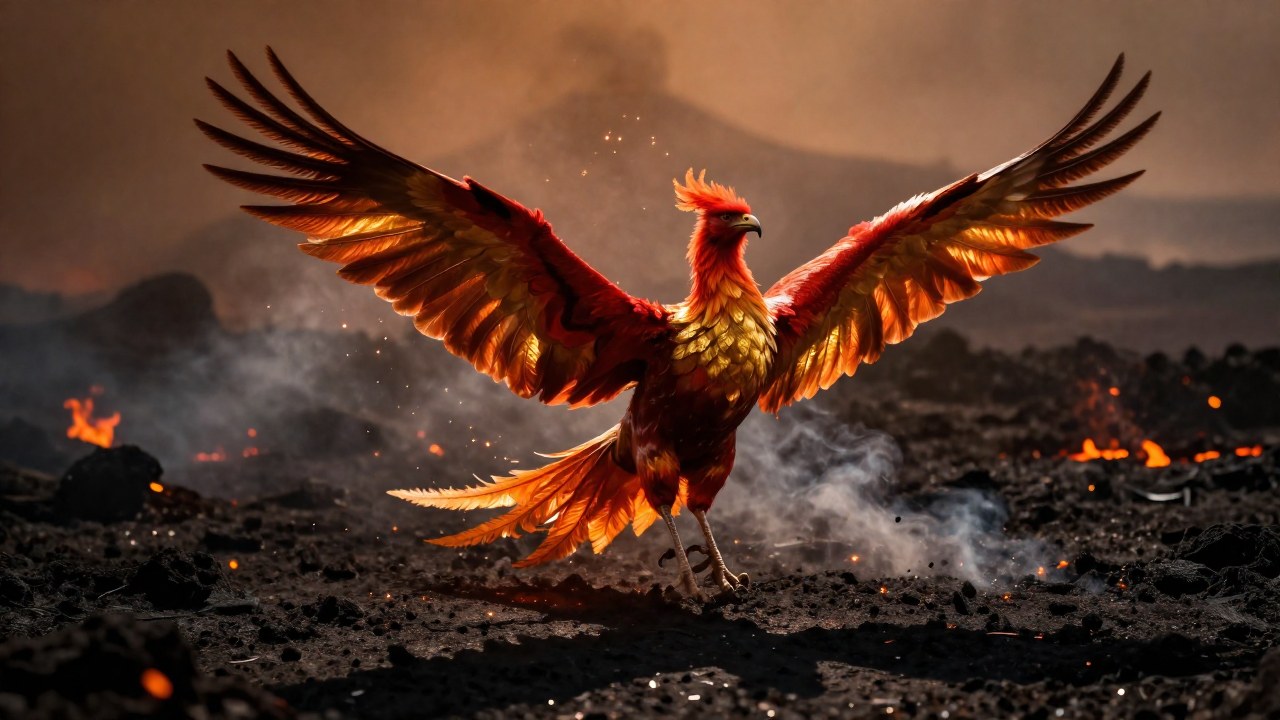Un fénix con las alas extendidas se eleva desde un paisaje de cenizas y brasas.
