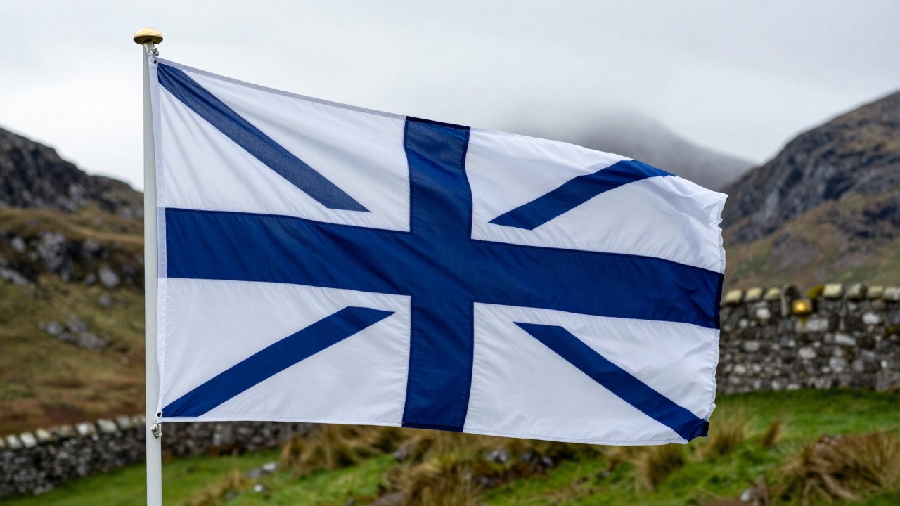Bandera de la Cruz de San Andrés ondeando en las Tierras Altas de Escocia.
