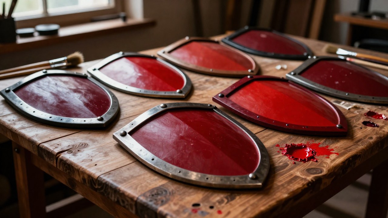 Escudos heráldicos tallados con diferentes matices de pigmentos rojos en un taller de artesanía.