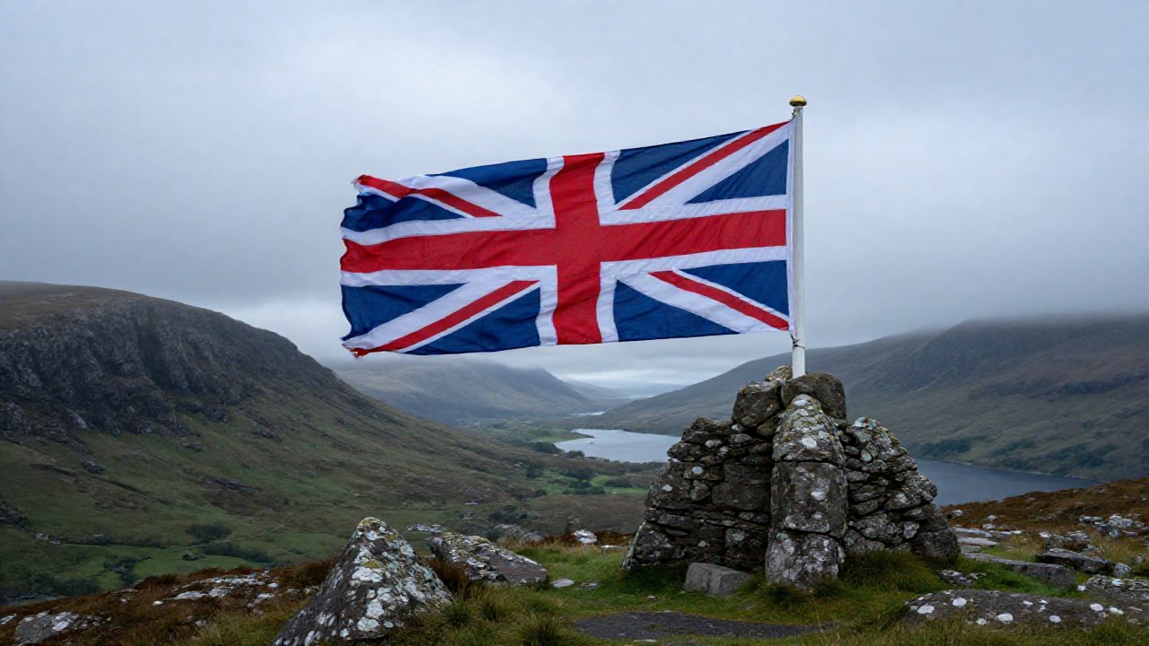 Bandera de San Andrés ondeando sobre una estructura de piedra en las Tierras Altas.