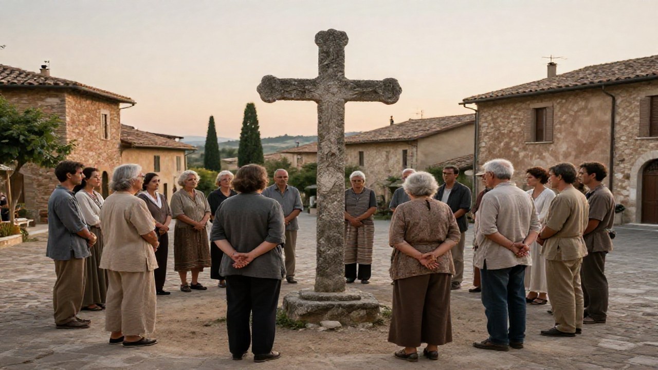 Residentes de un pueblo italiano se reúnen en círculo alrededor de una cruz de piedra.