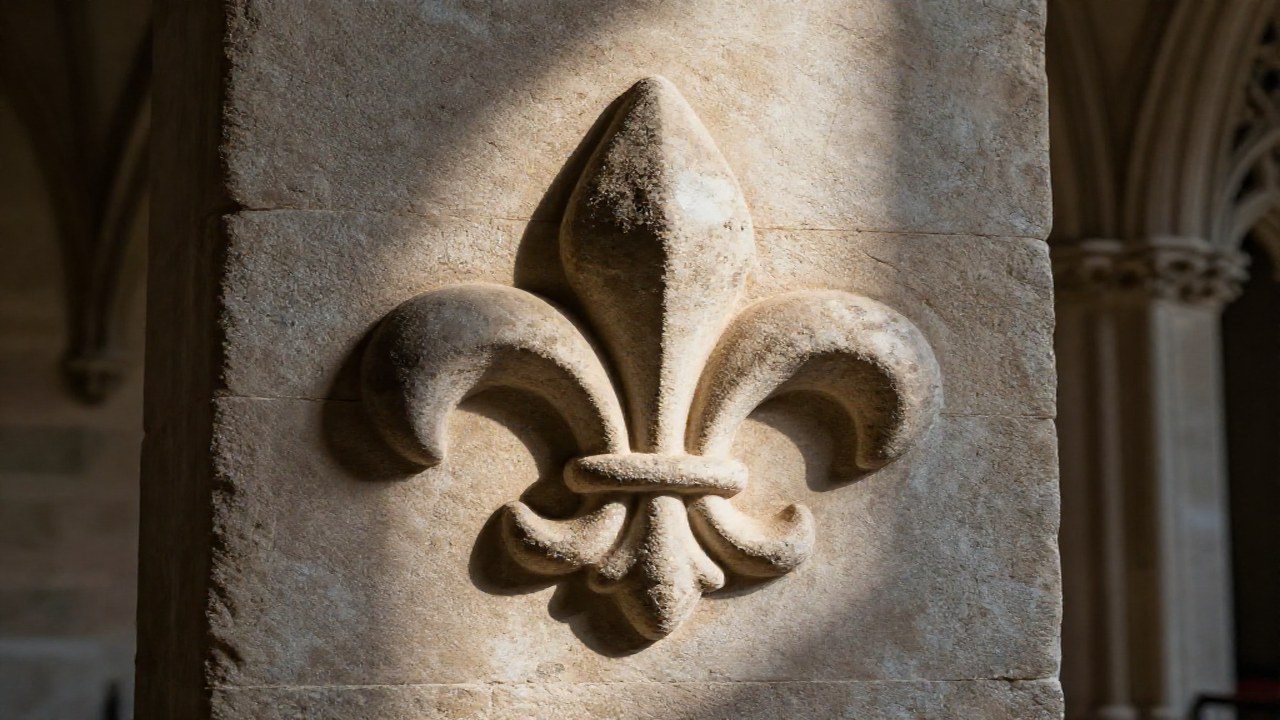 Relieve de una flor de lis esculpida en la pared de un palacio medieval.