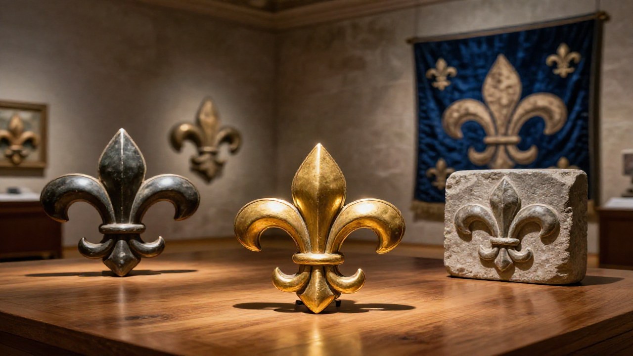 Colección de flores de lis en oro, piedra y tapiz en una galería de museo.