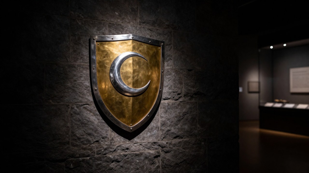 Escudo heráldico con luna creciente de plata sobre un muro de piedra en un museo.
