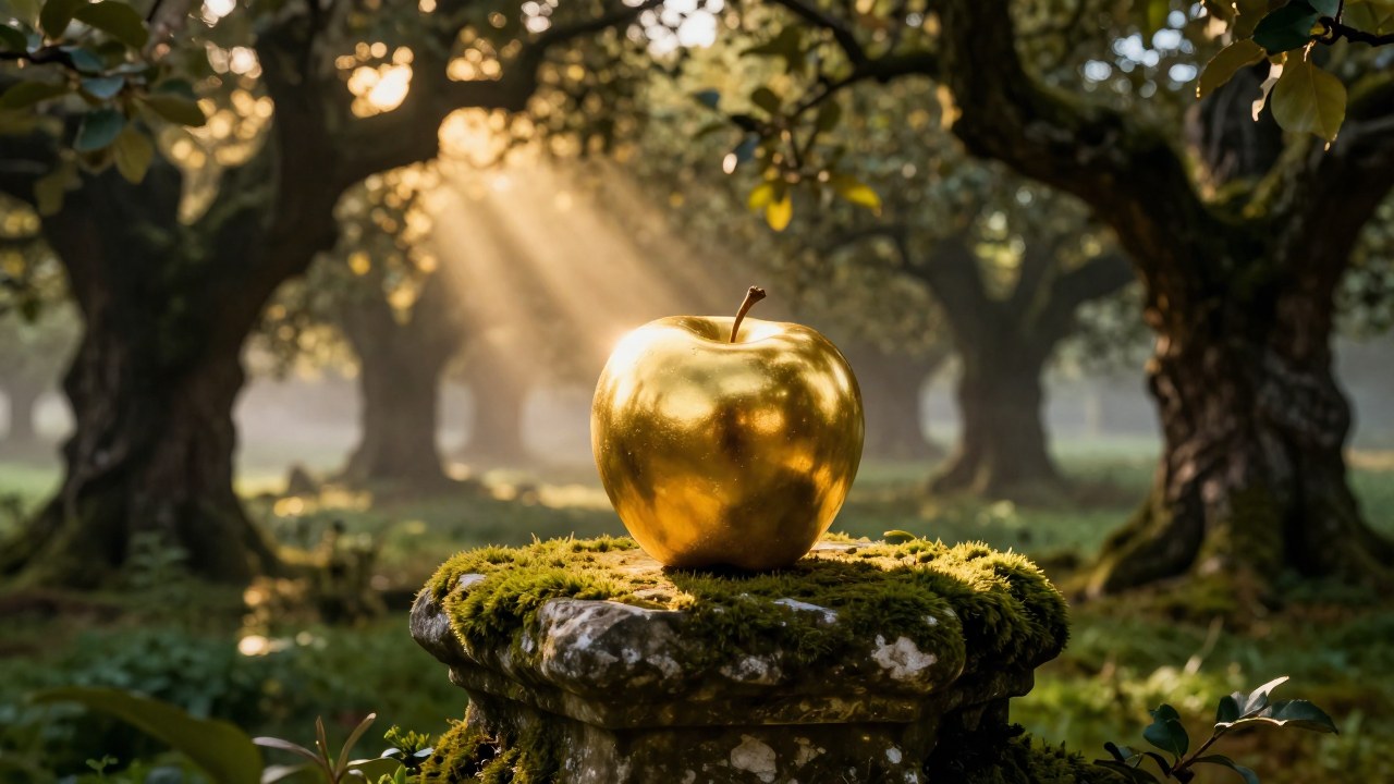 Manzana de oro sobre un pedestal de piedra en un huerto antiguo y místico.