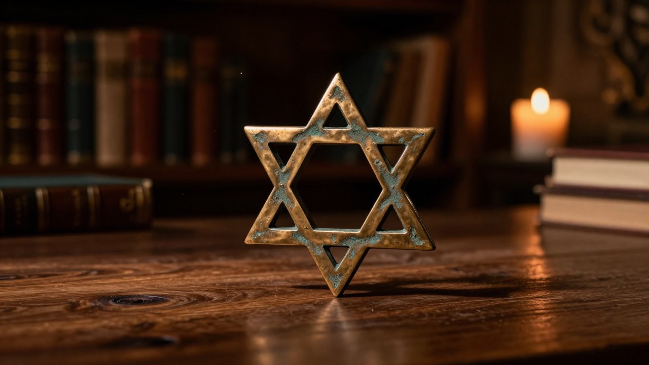 Estrella de David de bronce sobre una mesa de roble en una biblioteca con libros antiguos.