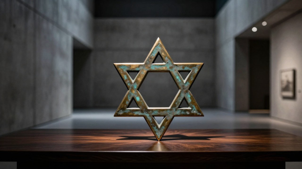 Estrella de David de bronce desgastado sobre una mesa en una galería de arte contemporánea.