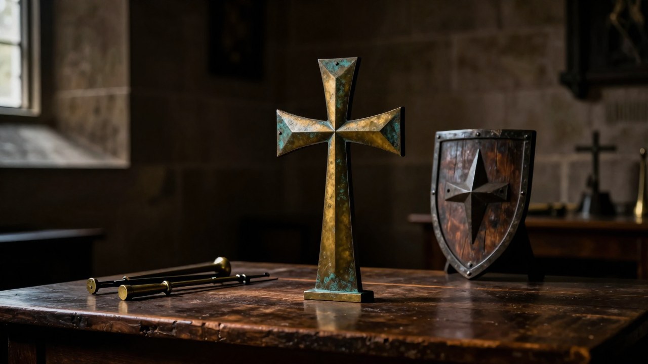 Cruz de San Andrés de bronce sobre una mesa de madera junto a un escudo y herramientas de dibujo.