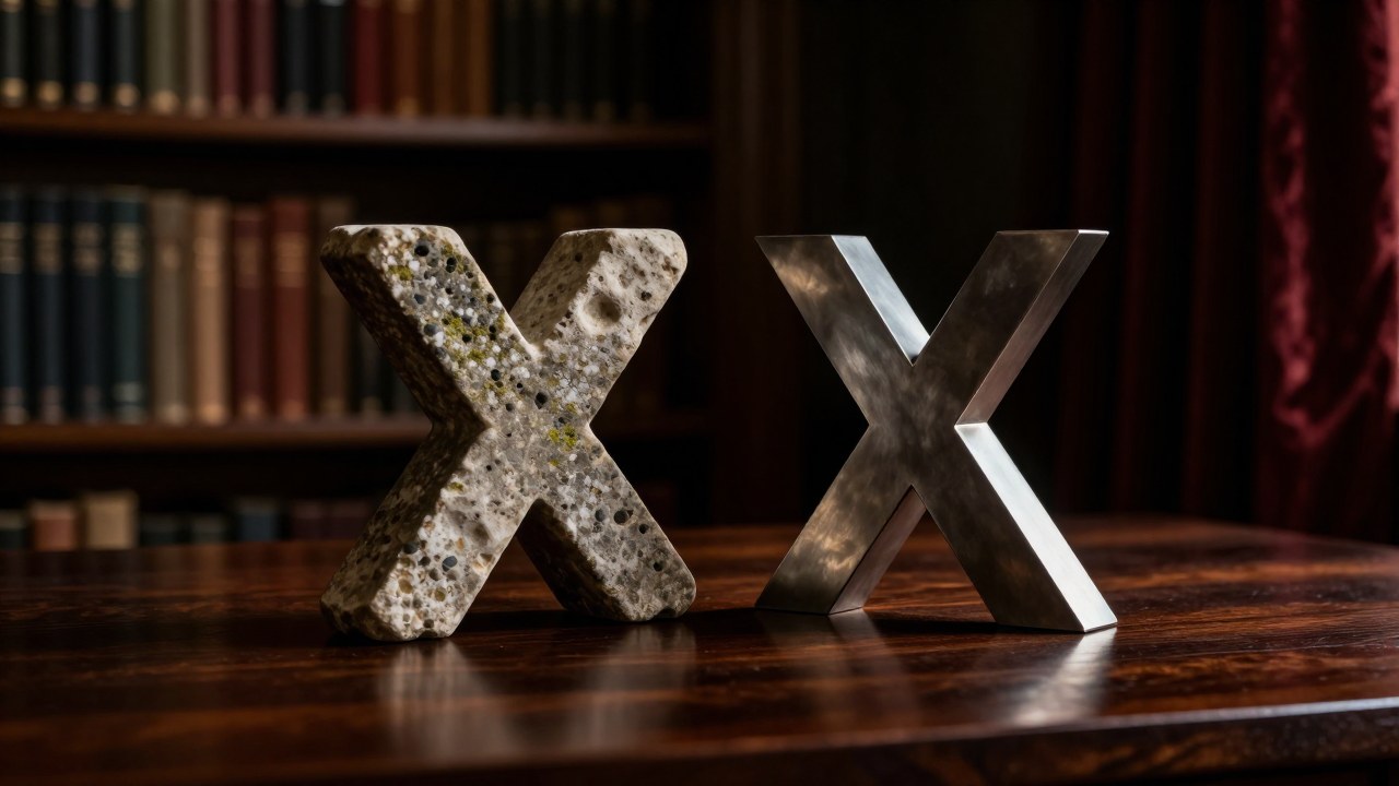 Esculturas de piedra y titanio en forma de cruz sobre una superficie de madera.
