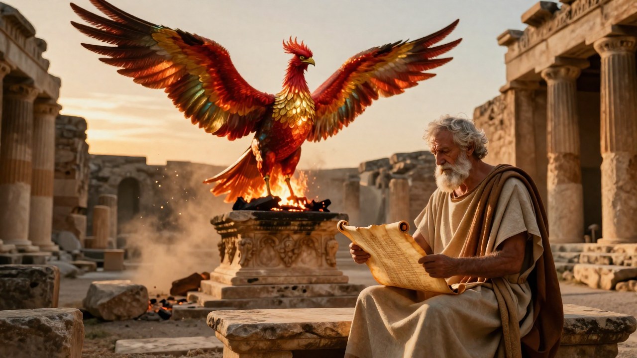Erudito griego con un papiro observa un fénix que surge de un altar en ruinas.