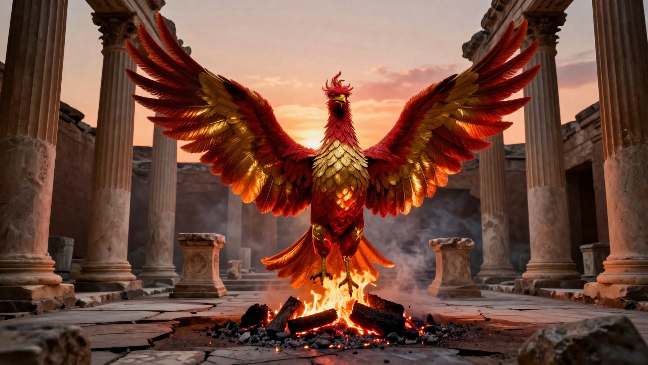 Fénix mitológico surgiendo de brasas en el patio de un templo romano en ruinas.