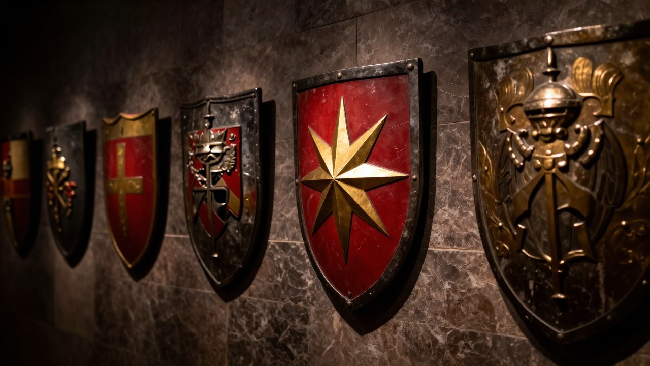 Escudos heráldicos en pared de piedra con escudo central de estrella dorada sobre fondo carmesí.