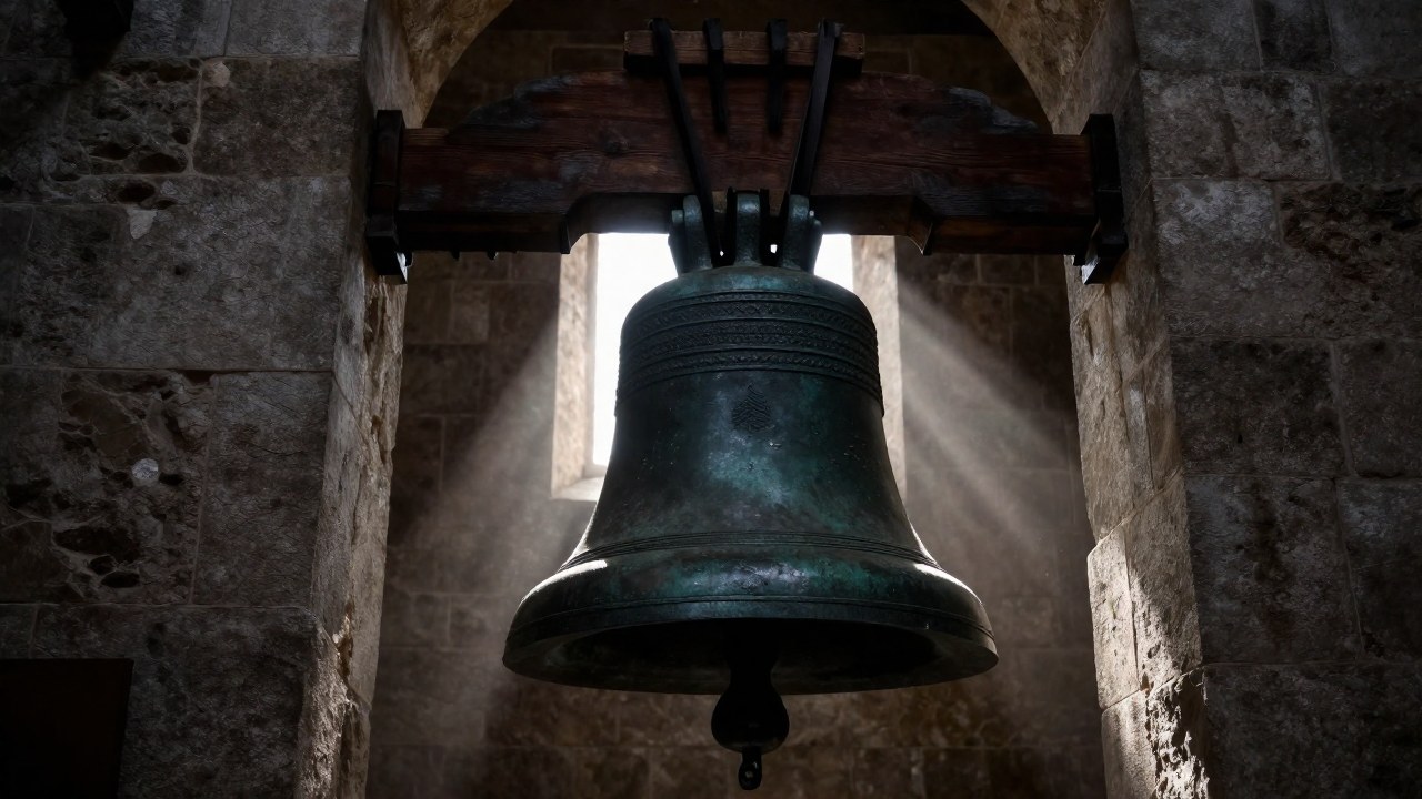 Campana de bronce de la Orden Teutónica colgada en una torre de piedra medieval.