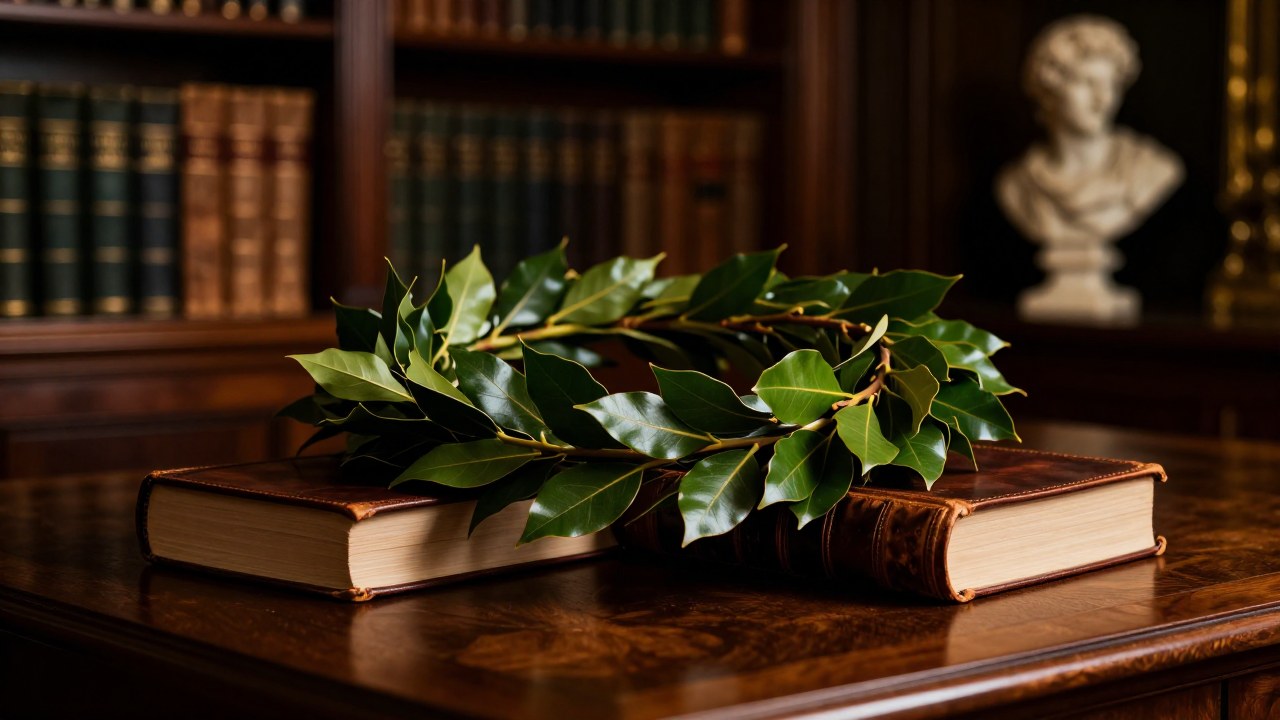 Corona de laurel verde sobre dos libros antiguos en un escritorio de madera.