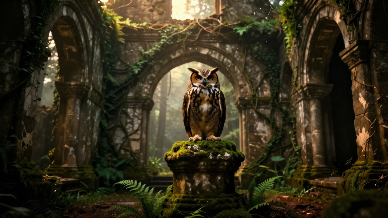 Búho de cuernos grandes posado sobre un pedestal de piedra en una sala en ruinas.