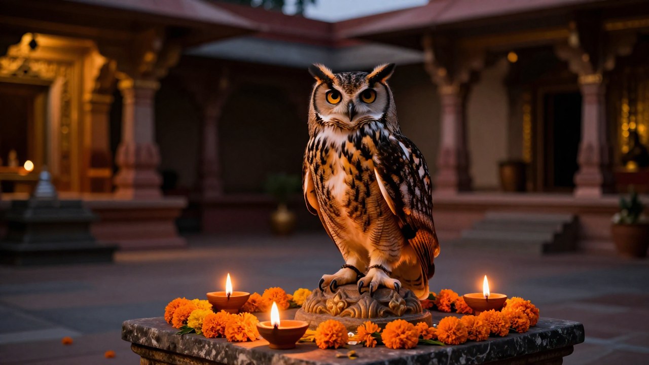 Búho cornudo posado sobre un pedestal de piedra en el patio de un templo indio.